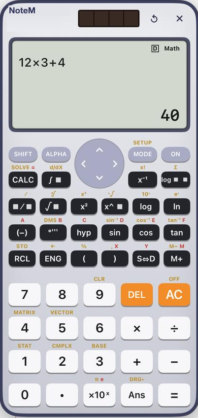 NoteM’in yüzen bilimsel hesap makinesi 12×3+4 = 40 gösteriyor.